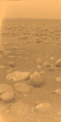 Color photo of Titan's surface. Photograph of Titan's surface.